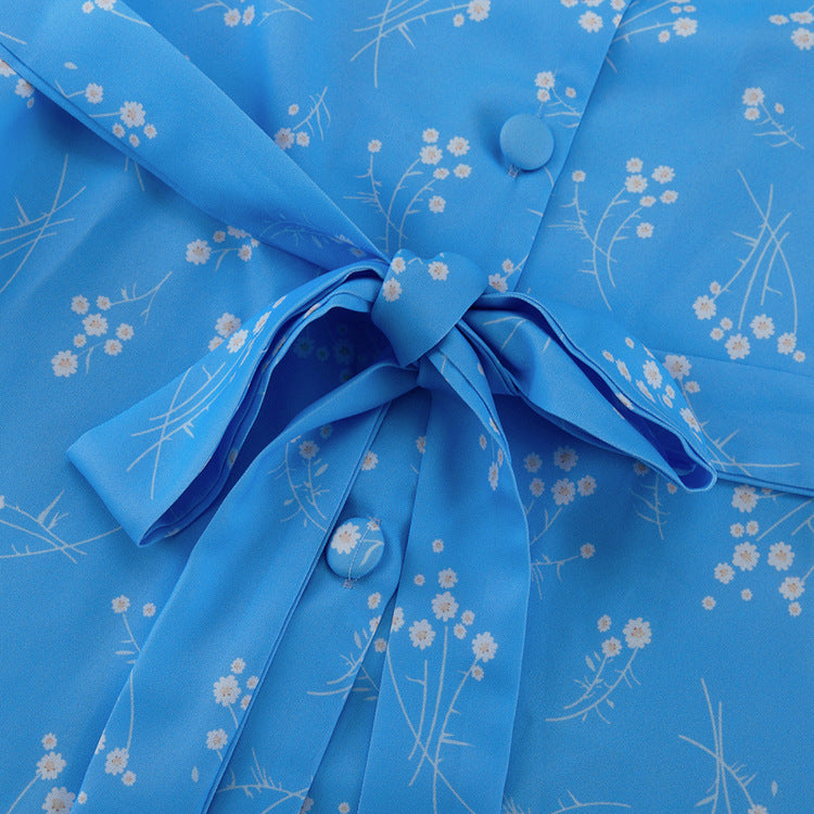 Elegant Floral Long Sleeve Blue Dress