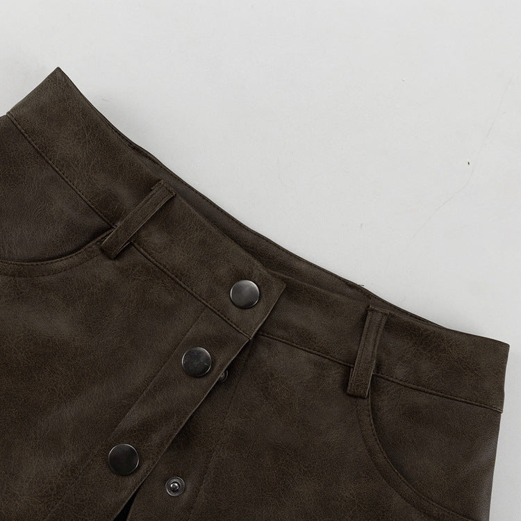 Power Shoulder Vegan Leather Blazer & Button-Front Mini Skirt Set - Olive Brown