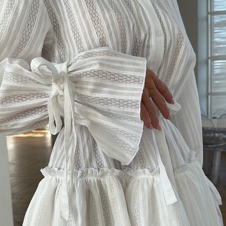 Luna Lace-Stripe Tie-Cuff Ruffle Mini Dress