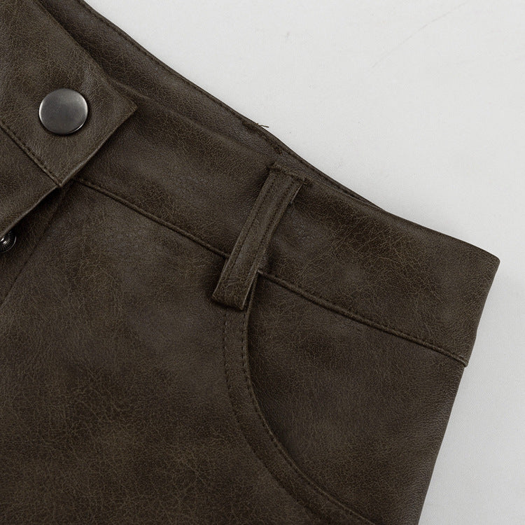 Power Shoulder Vegan Leather Blazer & Button-Front Mini Skirt Set - Olive Brown