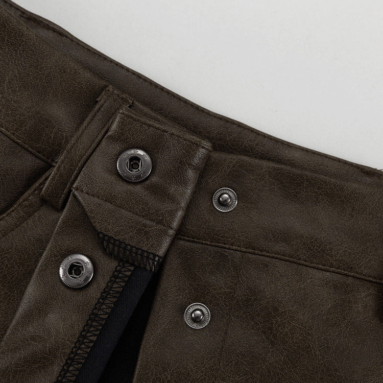 Power Shoulder Vegan Leather Blazer & Button-Front Mini Skirt Set - Olive Brown