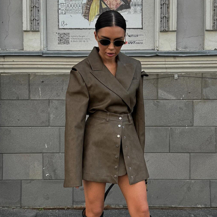 Power Shoulder Vegan Leather Blazer & Button-Front Mini Skirt Set - Olive Brown