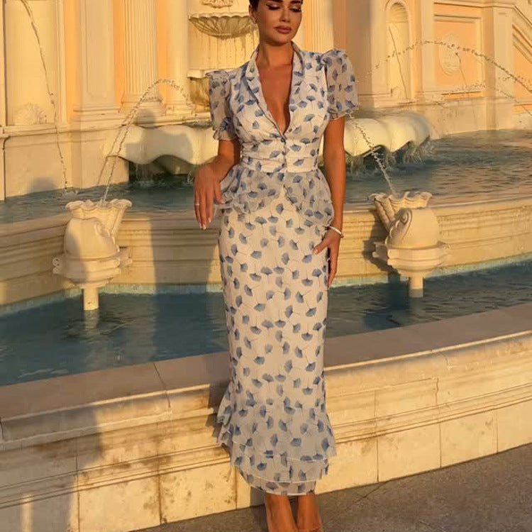 Elegant Blue Floral Peplum Maxi Dress