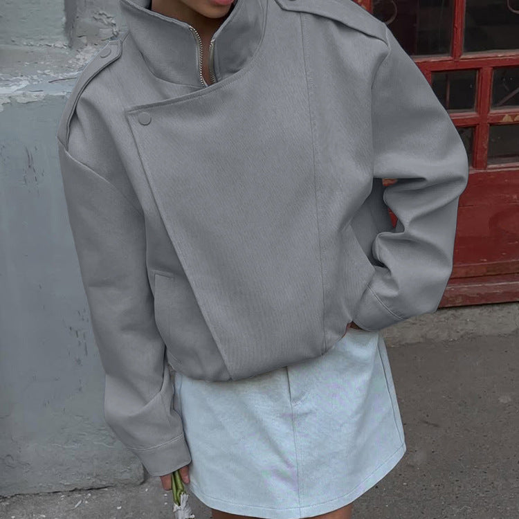 Aurora High-Neck Asymmetrical Zip Jacket – Urban Grey