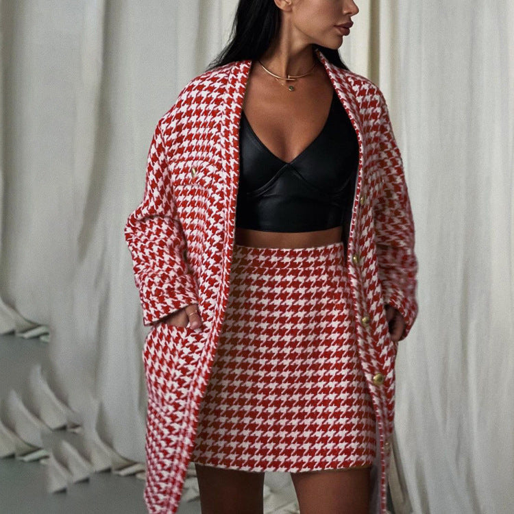 Red Houndstooth Skirt & Blazer Set – Chic Two-Piece