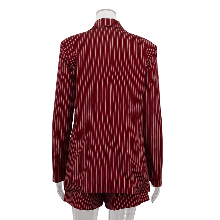 Wine Red Striped Blazer & Shorts Set – Premium Elegance
