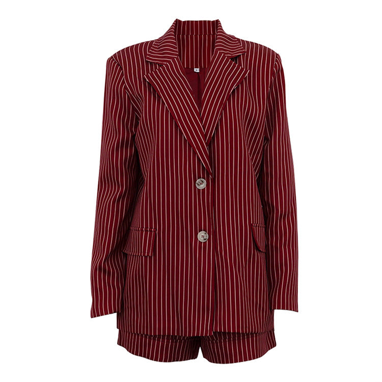 Wine Red Striped Blazer & Shorts Set – Premium Elegance