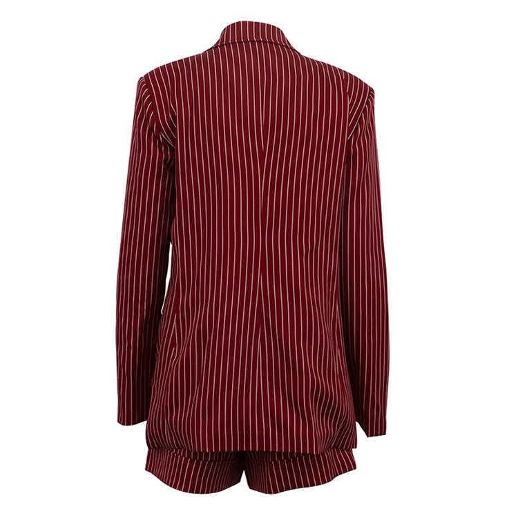 Wine Red Striped Blazer & Shorts Set – Premium Elegance