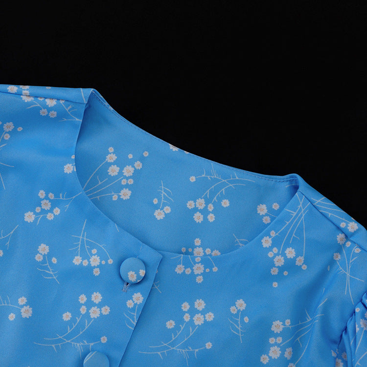 Elegant Floral Long Sleeve Blue Dress