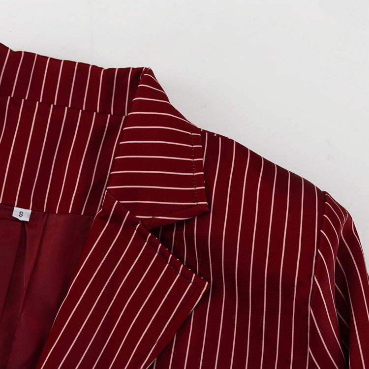 Wine Red Striped Blazer & Shorts Set – Premium Elegance
