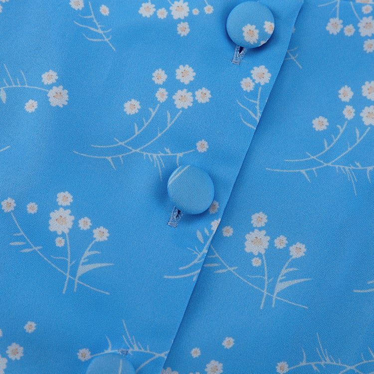 Elegant Floral Long Sleeve Blue Dress
