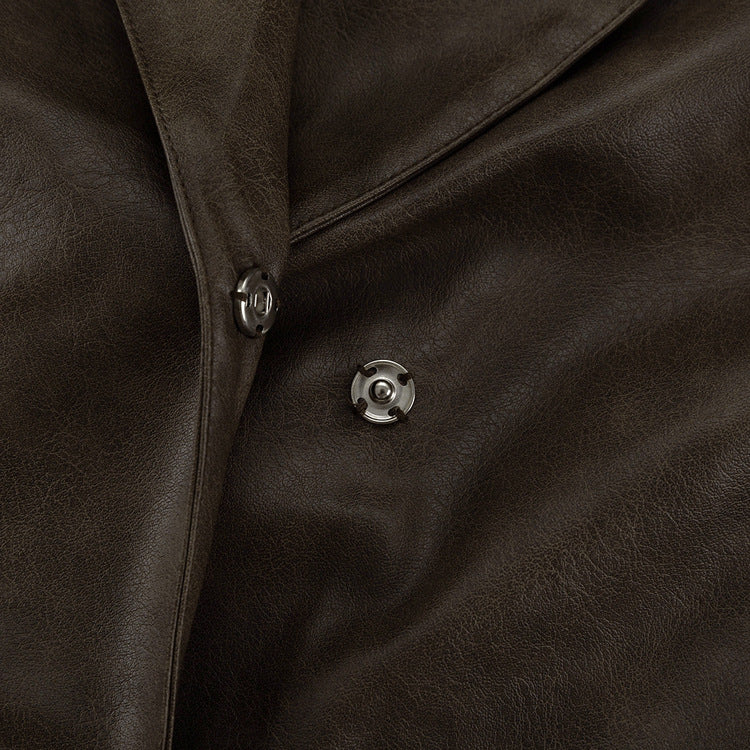 Power Shoulder Vegan Leather Blazer & Button-Front Mini Skirt Set - Olive Brown