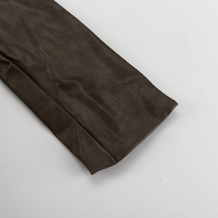 Power Shoulder Vegan Leather Blazer & Button-Front Mini Skirt Set - Olive Brown