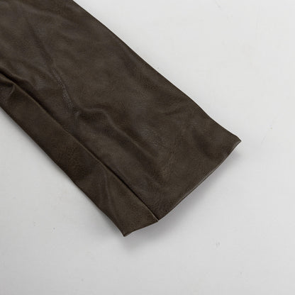 Power Shoulder Vegan Leather Blazer & Button-Front Mini Skirt Set - Olive Brown