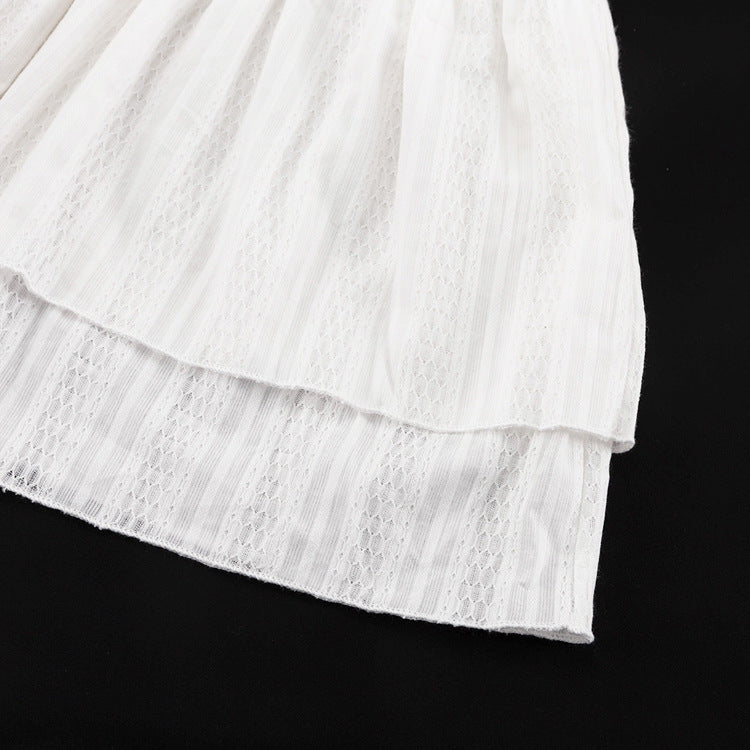 Luna Lace-Stripe Tie-Cuff Ruffle Mini Dress