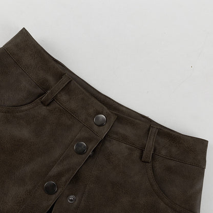 Power Shoulder Vegan Leather Blazer & Button-Front Mini Skirt Set - Olive Brown