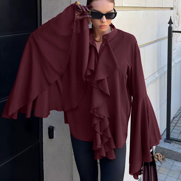 Dramatic Ruffle Front Blouse with Flared Bell Sleeves