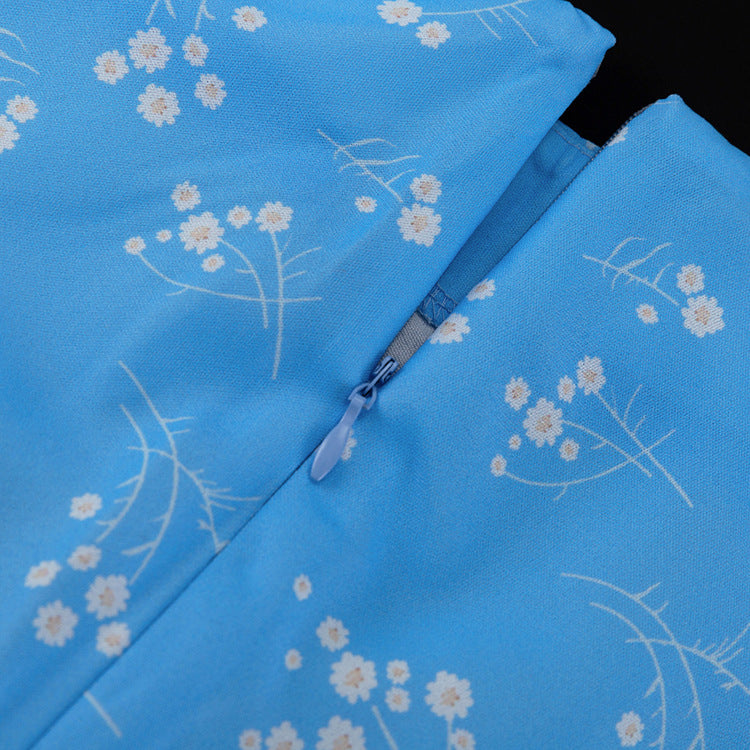 Elegant Floral Long Sleeve Blue Dress
