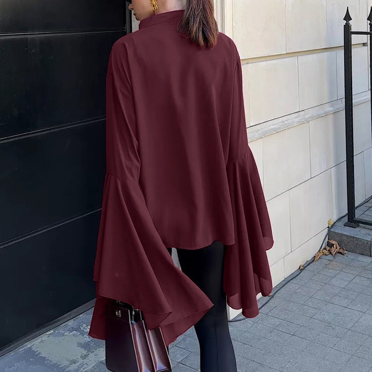 Dramatic Ruffle Front Blouse with Flared Bell Sleeves