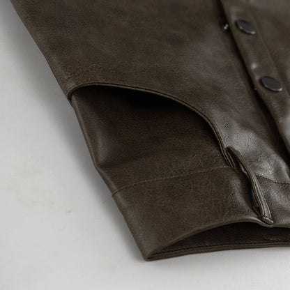Power Shoulder Vegan Leather Blazer & Button-Front Mini Skirt Set - Olive Brown