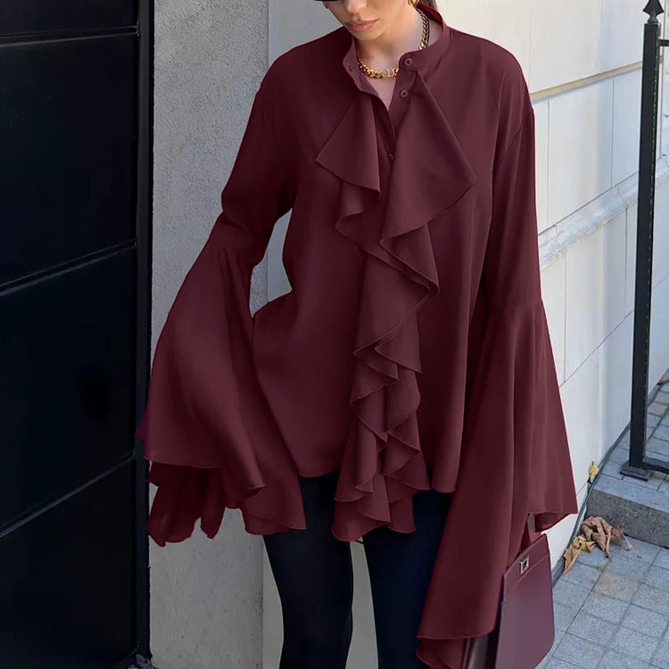 Dramatic Ruffle Front Blouse with Flared Bell Sleeves