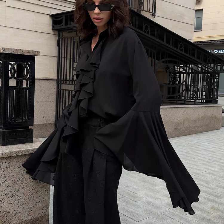 Dramatic Ruffle Front Blouse with Flared Bell Sleeves
