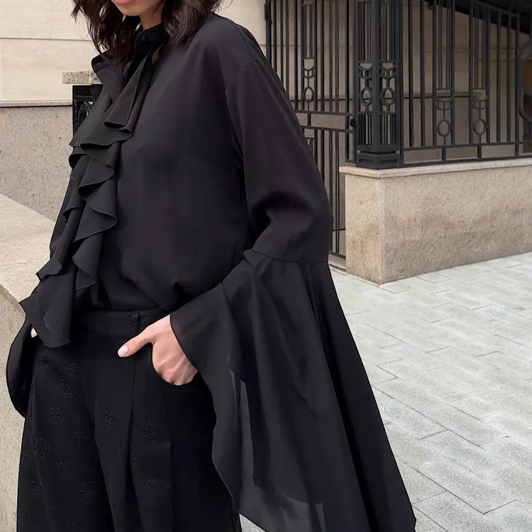 Dramatic Ruffle Front Blouse with Flared Bell Sleeves