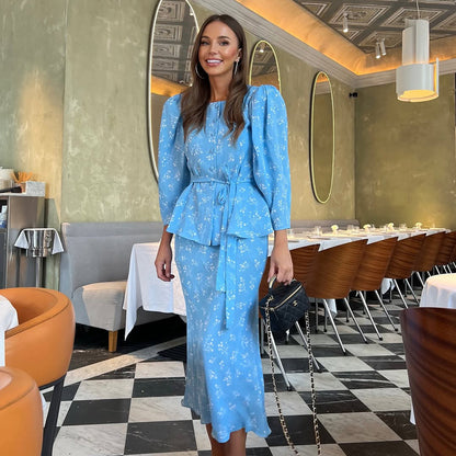 Elegant Floral Long Sleeve Blue Dress