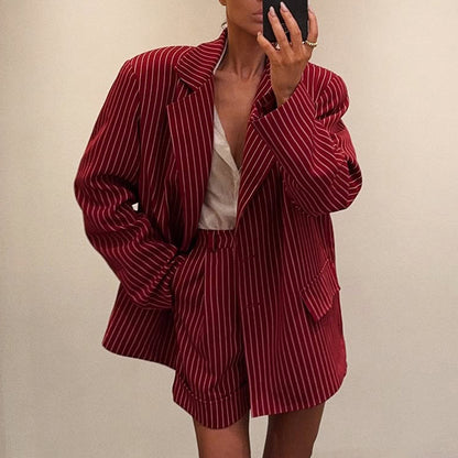 Wine Red Striped Blazer & Shorts Set – Premium Elegance