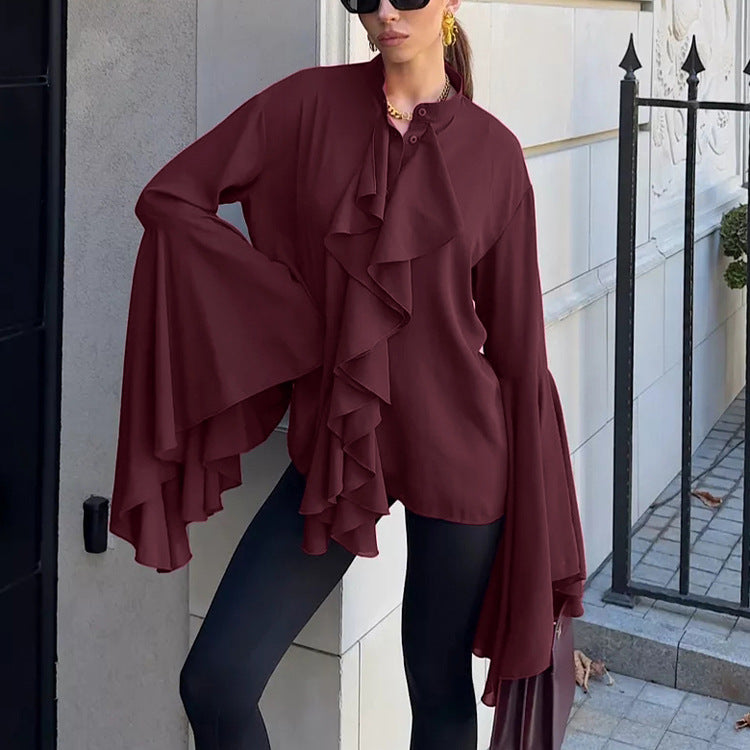 Dramatic Ruffle Front Blouse with Flared Bell Sleeves