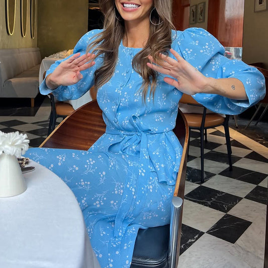 Elegant Floral Long Sleeve Blue Dress