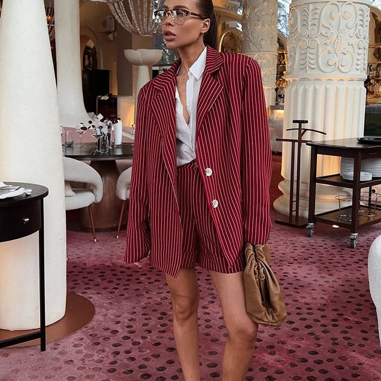 Wine Red Striped Blazer & Shorts Set – Premium Elegance