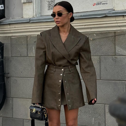 Power Shoulder Vegan Leather Blazer & Button-Front Mini Skirt Set - Olive Brown