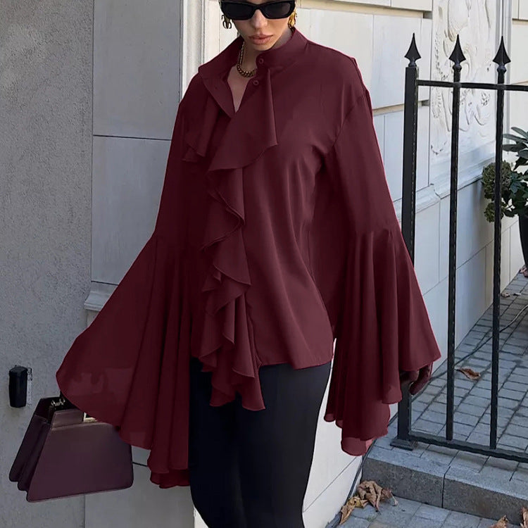 Dramatic Ruffle Front Blouse with Flared Bell Sleeves