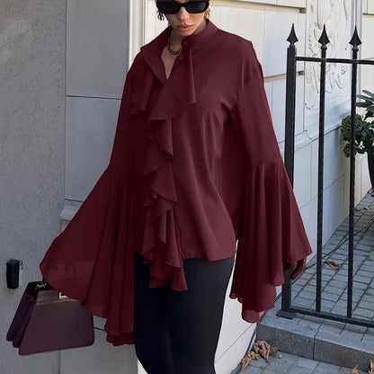 Dramatic Ruffle Front Blouse with Flared Bell Sleeves