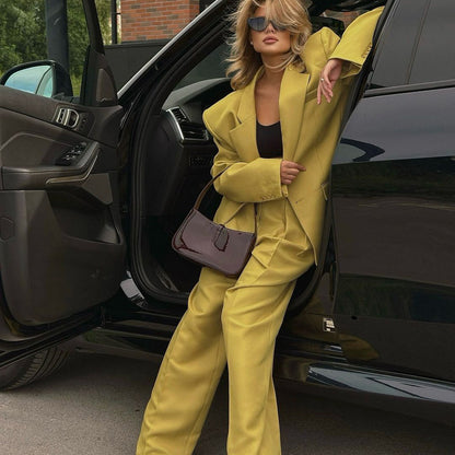 Power-Shoulder Oversized Blazer & Wide-Leg Pants Set – Chartreuse