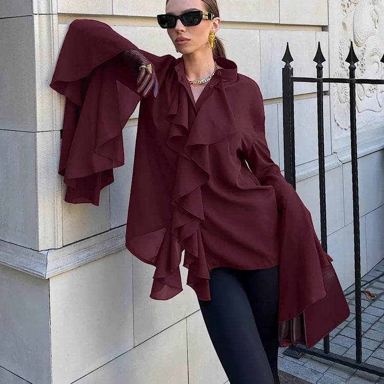 Dramatic Ruffle Front Blouse with Flared Bell Sleeves