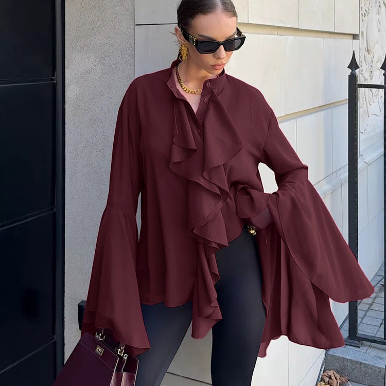 Dramatic Ruffle Front Blouse with Flared Bell Sleeves