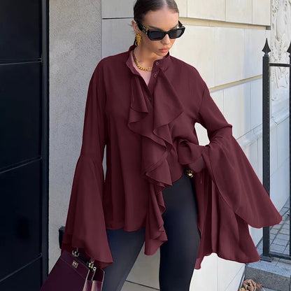 Dramatic Ruffle Front Blouse with Flared Bell Sleeves