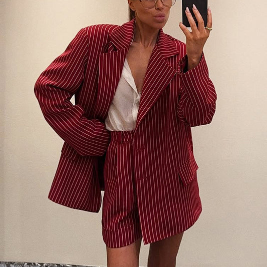 Wine Red Striped Blazer & Shorts Set – Premium Elegance