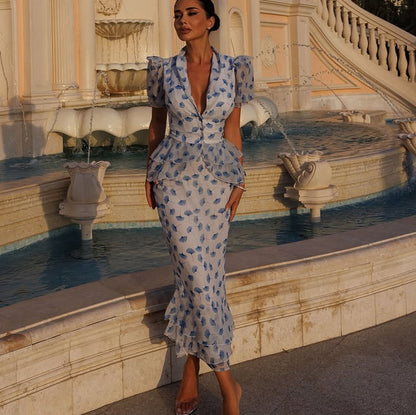 Elegant Blue Floral Peplum Maxi Dress