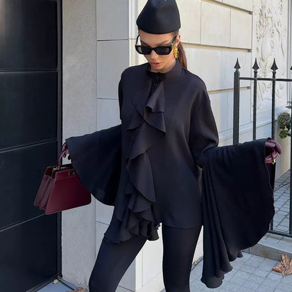 Dramatic Ruffle Front Blouse with Flared Bell Sleeves