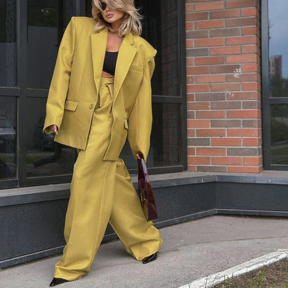 Power-Shoulder Oversized Blazer & Wide-Leg Pants Set – Chartreuse