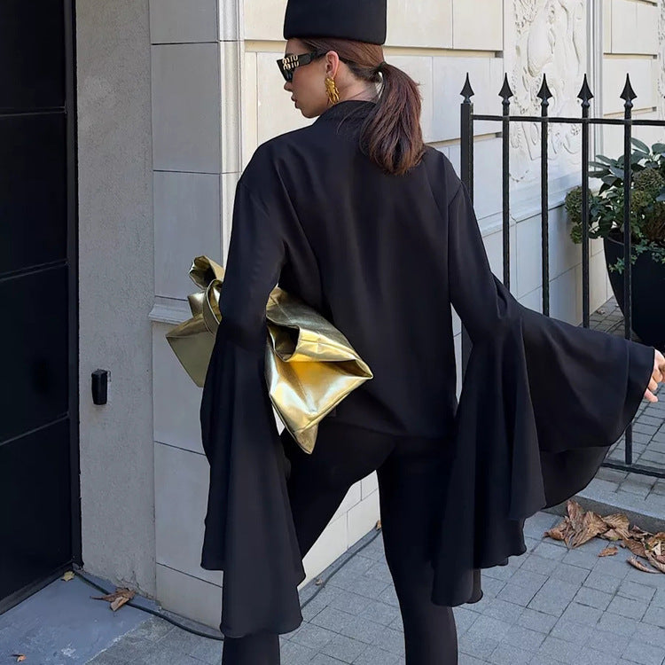 Dramatic Ruffle Front Blouse with Flared Bell Sleeves