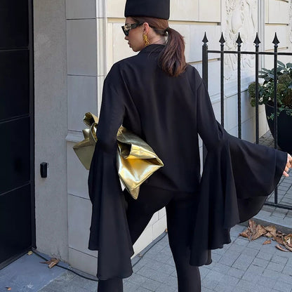 Dramatic Ruffle Front Blouse with Flared Bell Sleeves