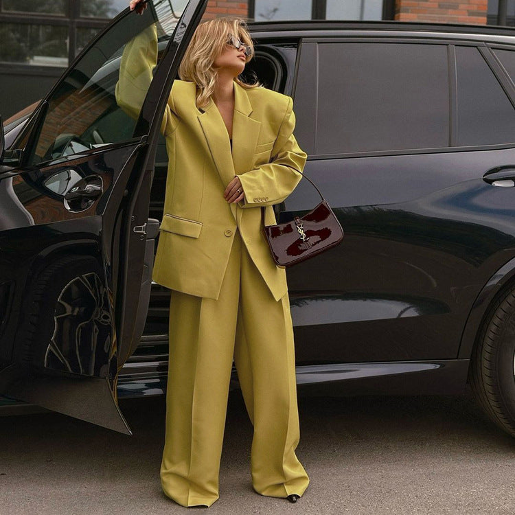 Power-Shoulder Oversized Blazer & Wide-Leg Pants Set – Chartreuse