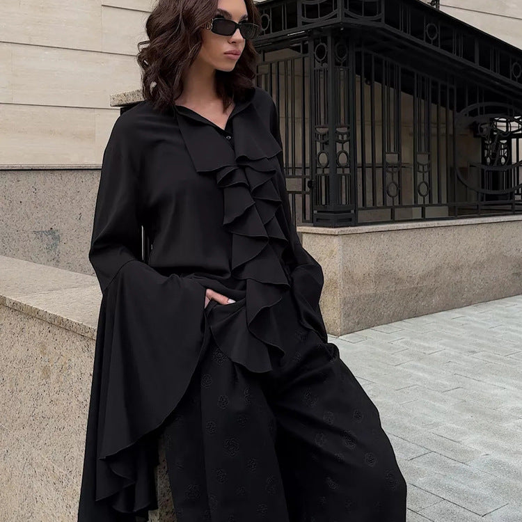 Dramatic Ruffle Front Blouse with Flared Bell Sleeves