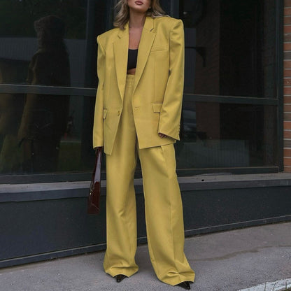 Power-Shoulder Oversized Blazer & Wide-Leg Pants Set – Chartreuse