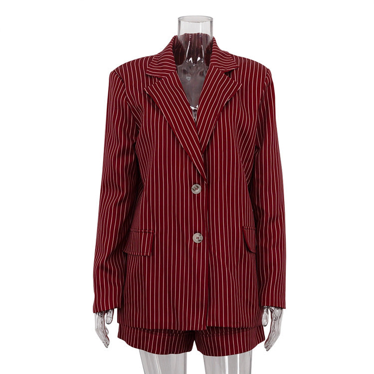 Wine Red Striped Blazer & Shorts Set – Premium Elegance