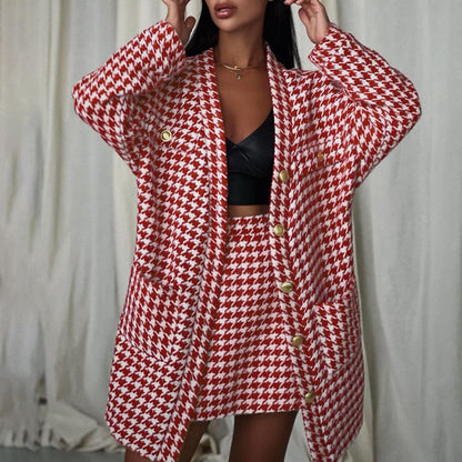 Red Houndstooth Skirt & Blazer Set – Chic Two-Piece